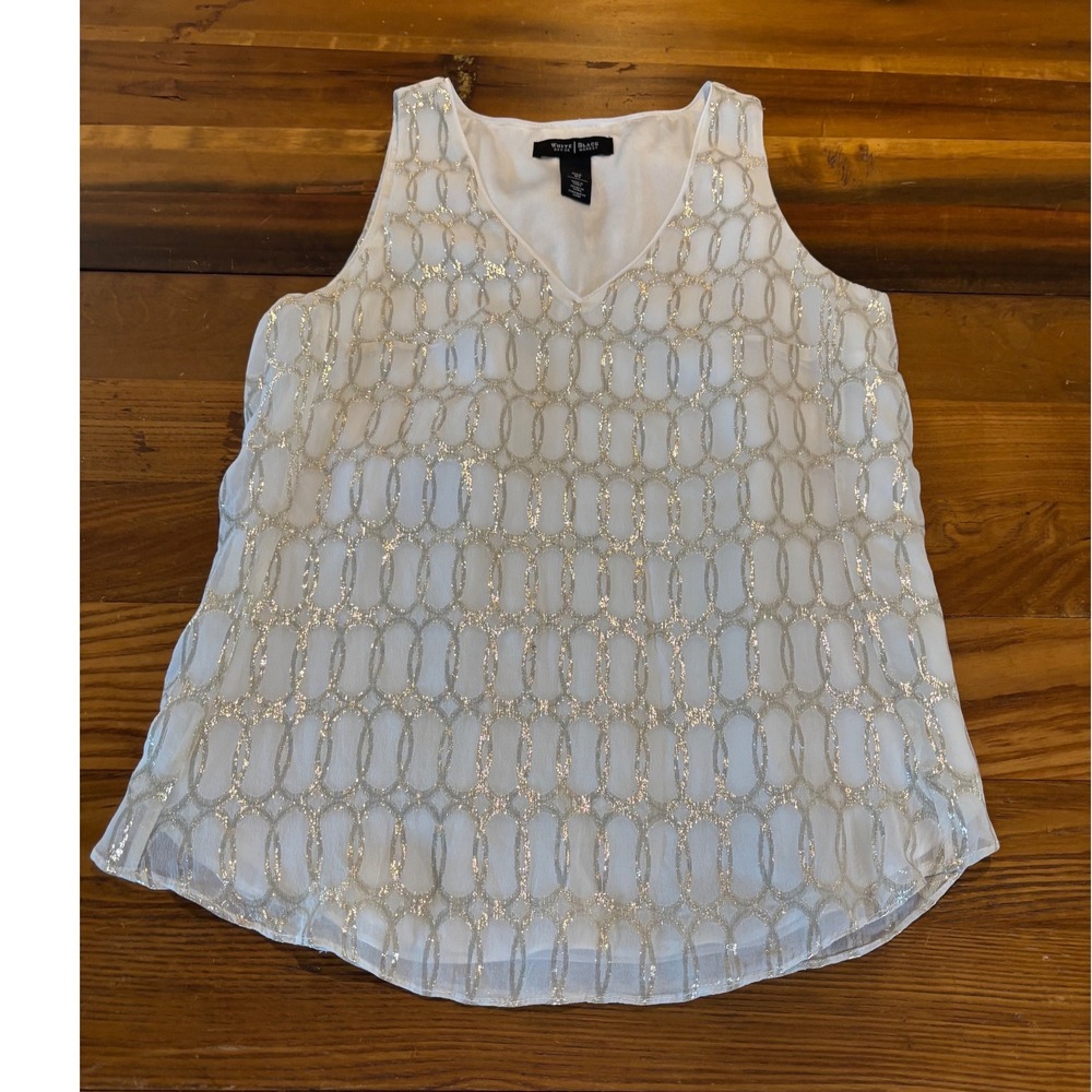 White House Black Market Silk Metallic Sleeveless Blouse XS White Silver V-Neck